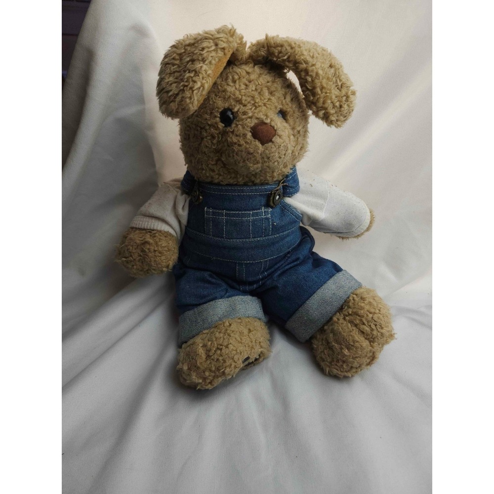 Vintage Plush Bunny Rabbit in Denim Overalls and White Shirt Tan Sherpa Fur 15"